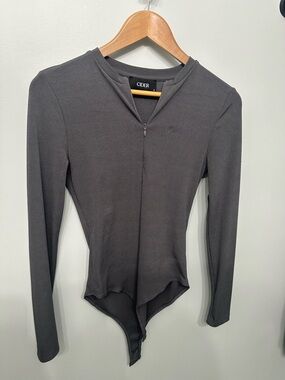 Cider Charcoal Ribbed Long-Sleeve Zip-Front Bodysuit